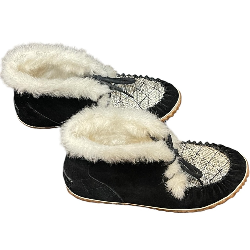 Sorel Out 'N About Moc Slippers Black Glitter Faux Fur Lined Booties Women Sz 7